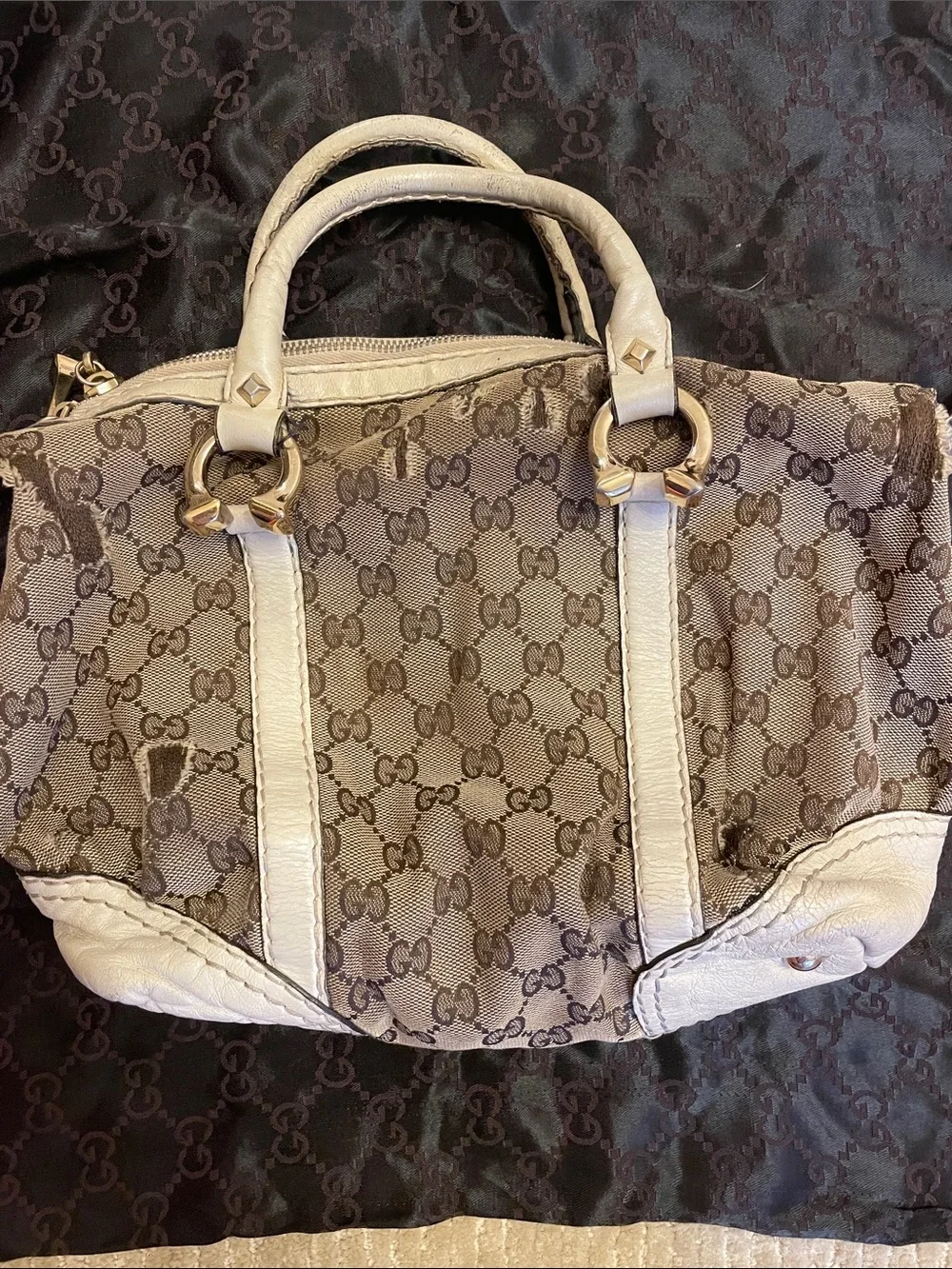 Gucci Beige/Brown Monogram Canvas Satchel with Cream Leather Trim